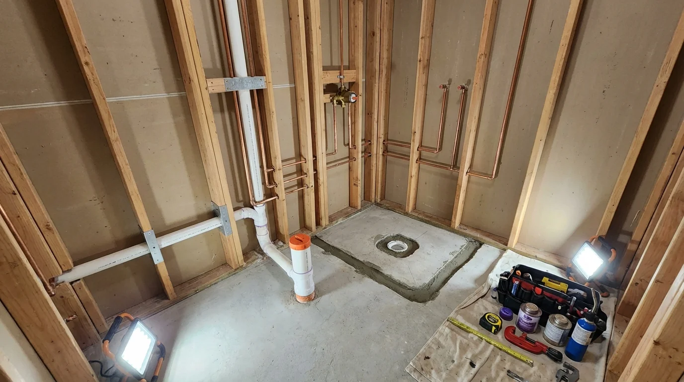 Bathroom rough-in plumbing during remodel by Johns Plumbing LLC in Goreville