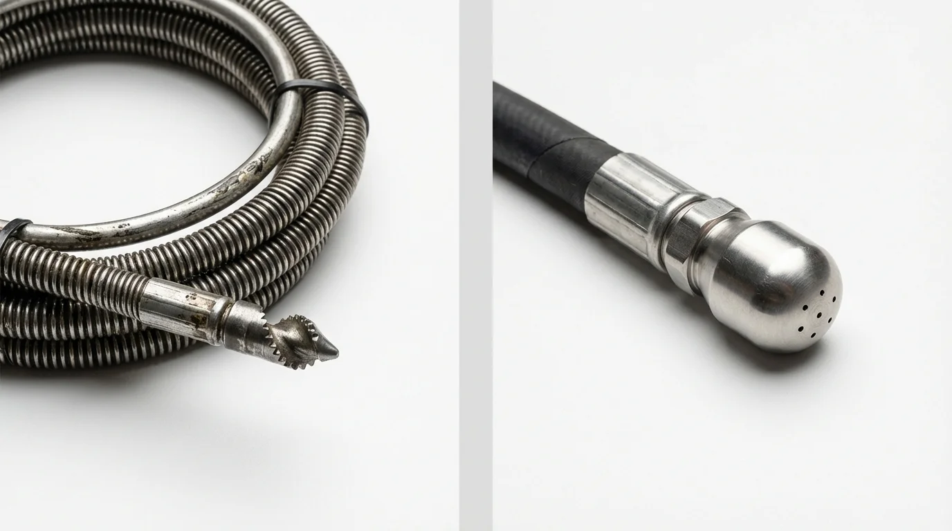 Drain snake cable and hydro jetting nozzle used for drain cleaning in Goreville, IL