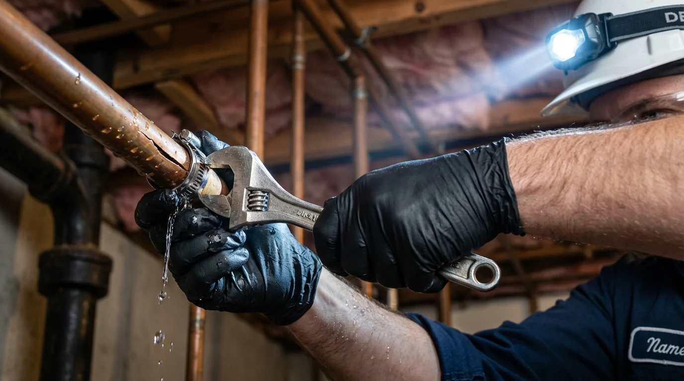 Emergency pipe clamp repair being performed by a Johns Plumbing LLC plumber in Goreville