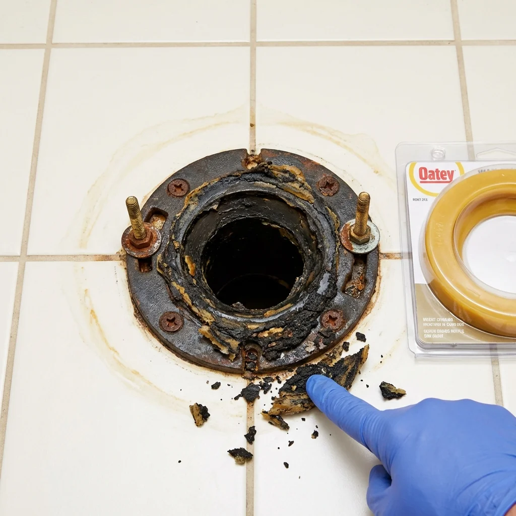 Failed wax ring showing water seepage at the base of a toilet in a Goreville, IL home