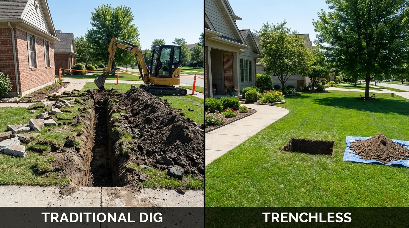 Trenchless sewer repair with minimal yard damage versus traditional excavation in Goreville, IL